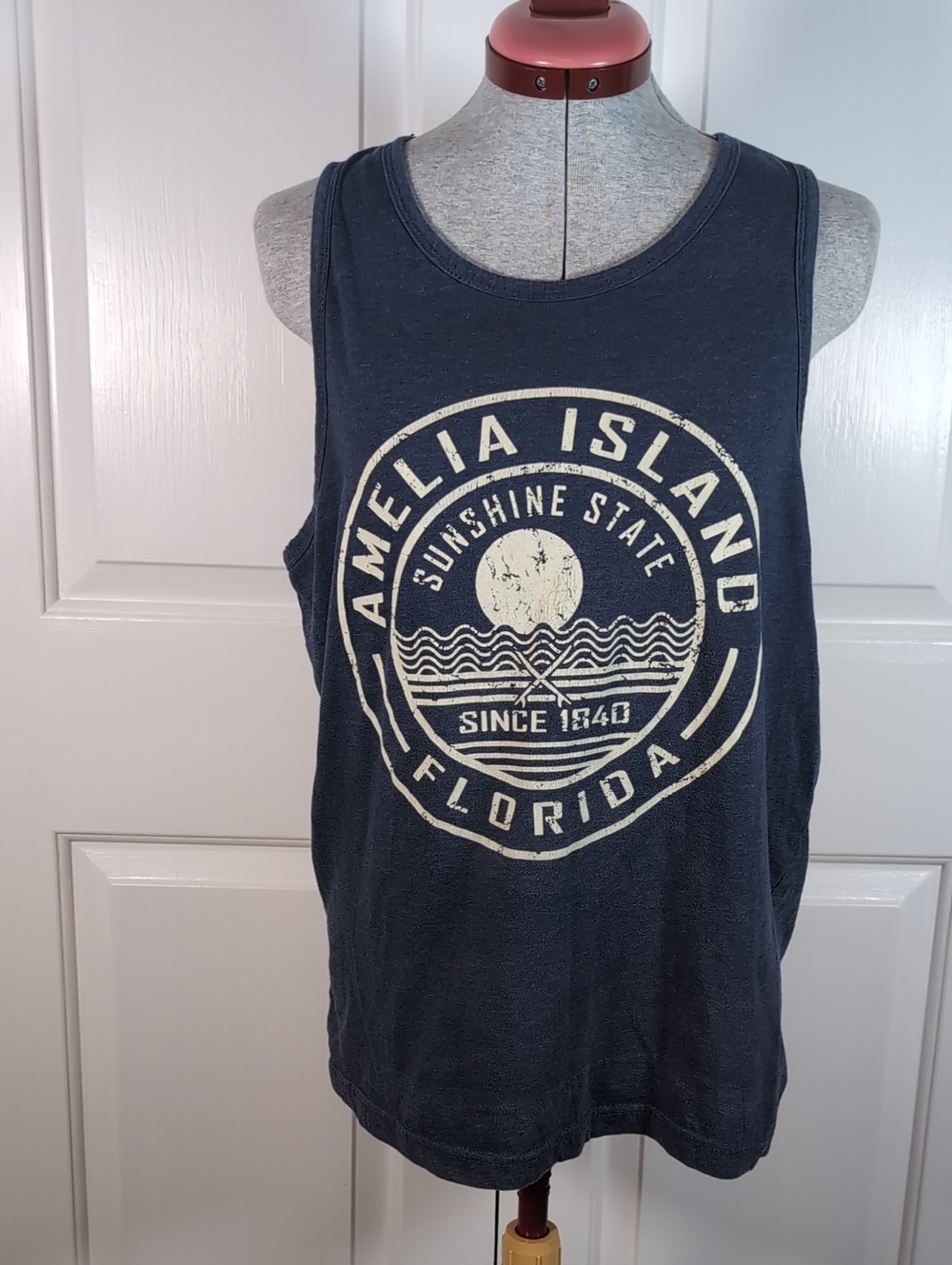 U.S. Vintage Amelia Island Florida Graphic Tank Top Navy Blue Mens Size Small